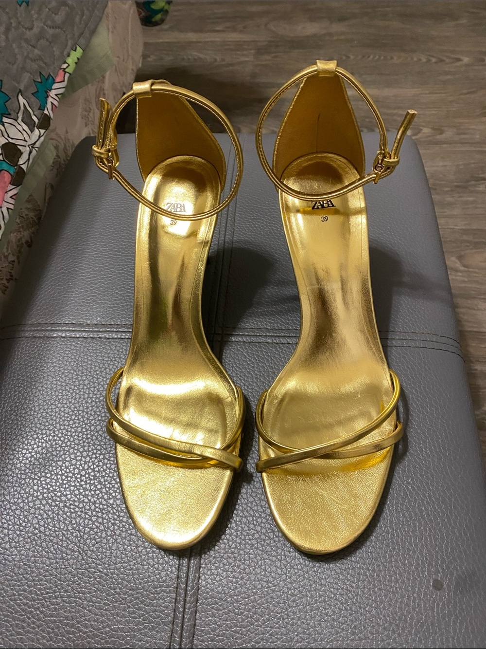 Zara Metallic Gold Strappy Ankle-Heel Sandals; size 9
